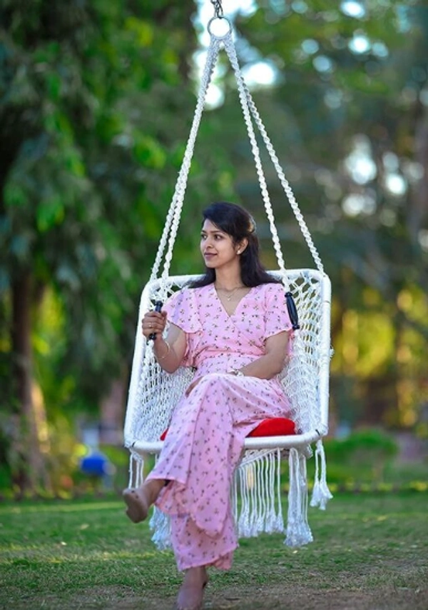  CURIO  CENTER Make in India Round Premium Swing with Polyester Ropes & Mild Steel Frame for Adults & Kids/Indoor Outdoor Hanging Swing Chair with Cushion & Accessories (66 x 96 x 144cm, White) -  Free Size,  White,  Polyester Rope With Iron Frame,   Pack of 1,  Rectangle